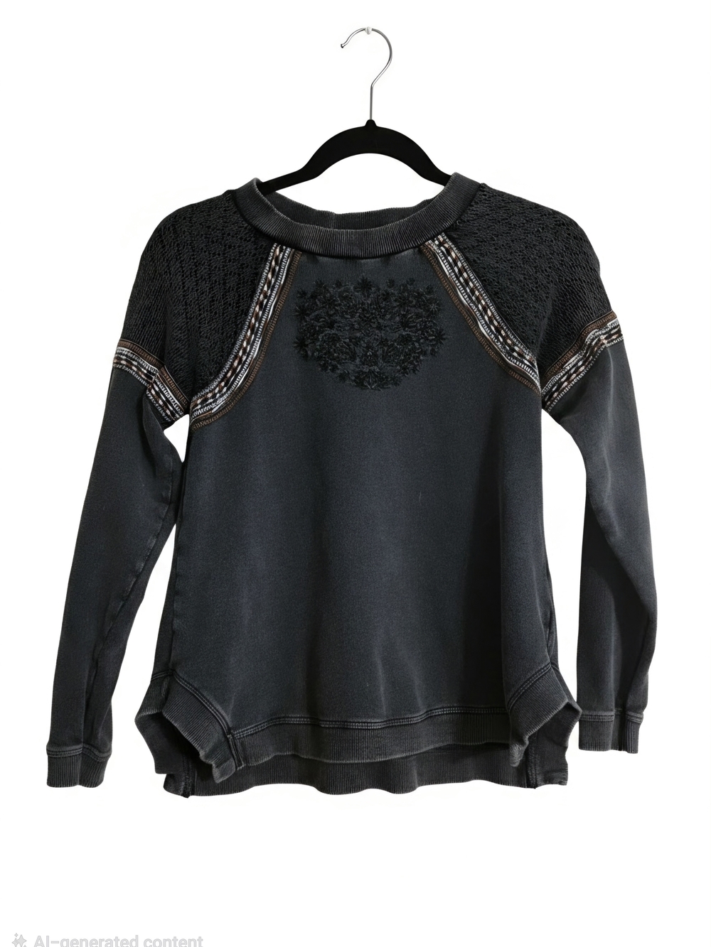 Shyanne Charcoal. Embroidered Crochet Raglan Pullover